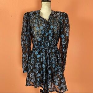 Or-Lee Woman's Size S Sheer Floral Lace Wrap Around Top Belted  Blue Black